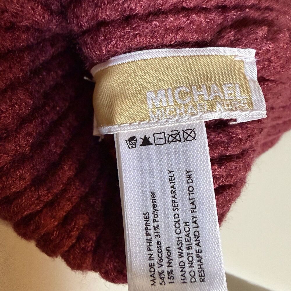 Michael Kors Adult Women’s Wine Burgundy Logo Cuff Knit Warm Beanie Hat New - Picture 6 of 7